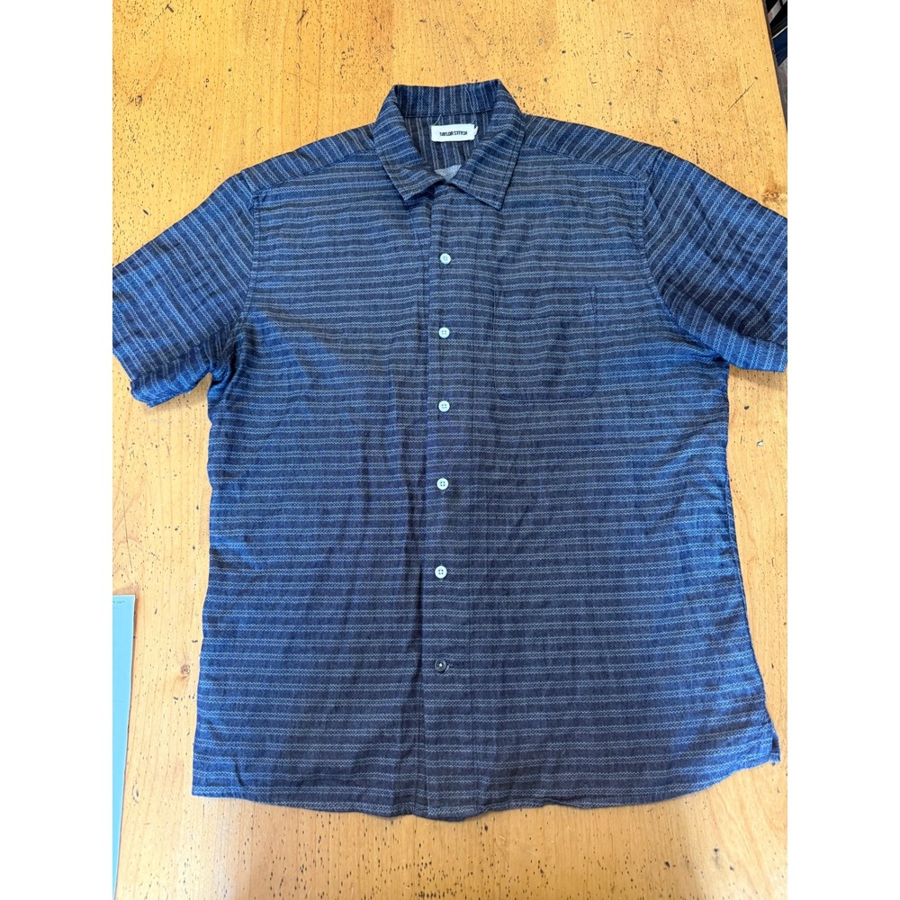 Taylor Stitch Size 42 Blue White Geometric Stripe Short Sleeve Button Down Shirt